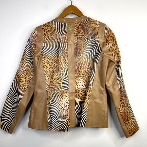 Sharif 1927 Tan Leather Mixed Animal Print Leather Mob Wife Moto Jacket womens S - Picture 9 of 14